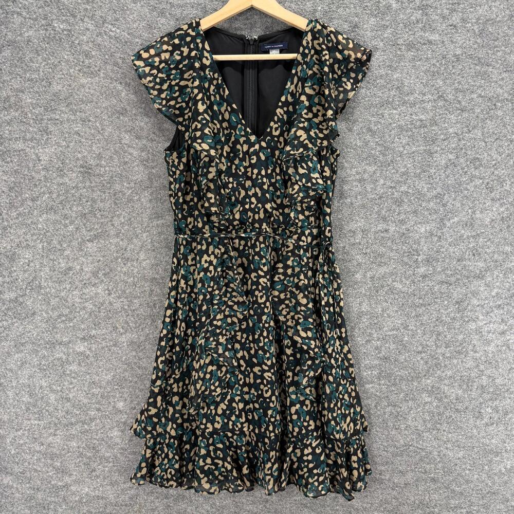 Tommy Hilfiger Dress Women 8 Black Animal Print Sheath Midi Zipper V-Neck Belted